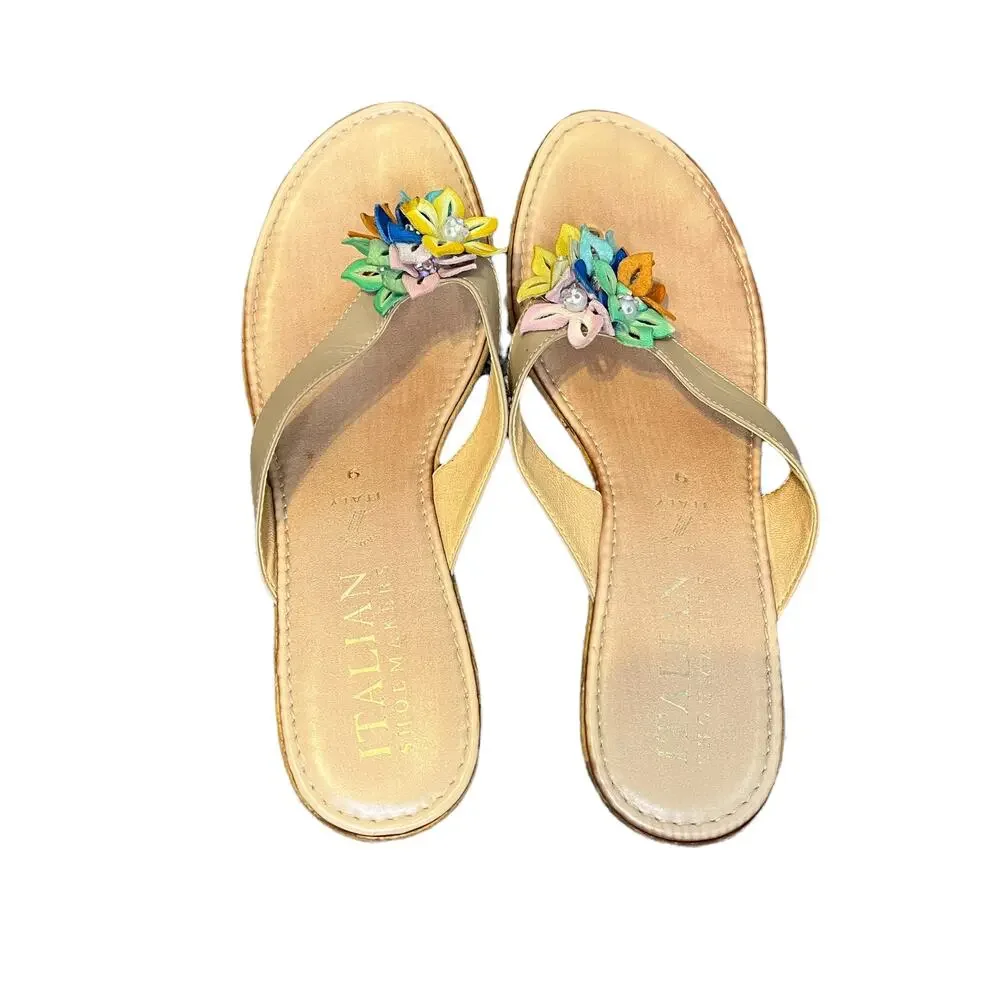 Italian Shoemakers Wedge Sandals 6 Beige Thong Cork Floral Casual Boho Beach